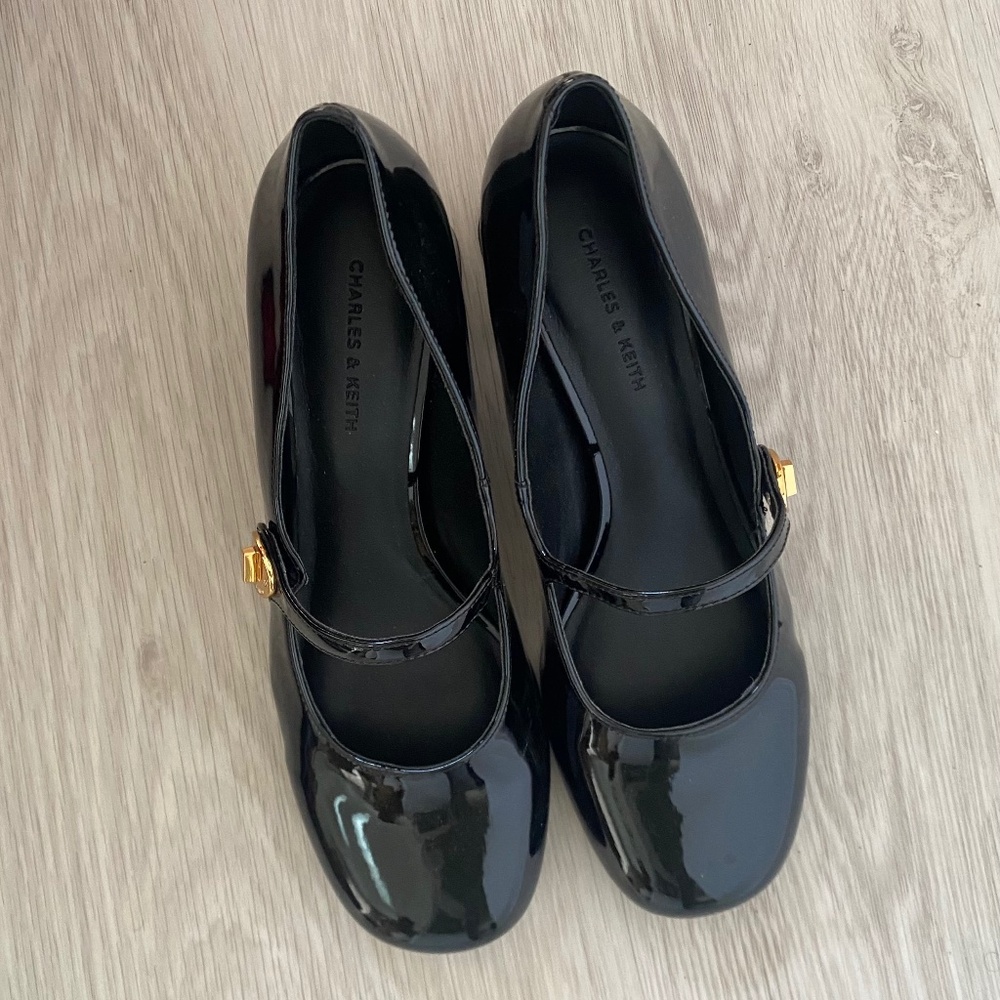 CHARLES & KEITH 6.5 Womens Black Patent Metallic-Buckle Block-Heel Mary Janes